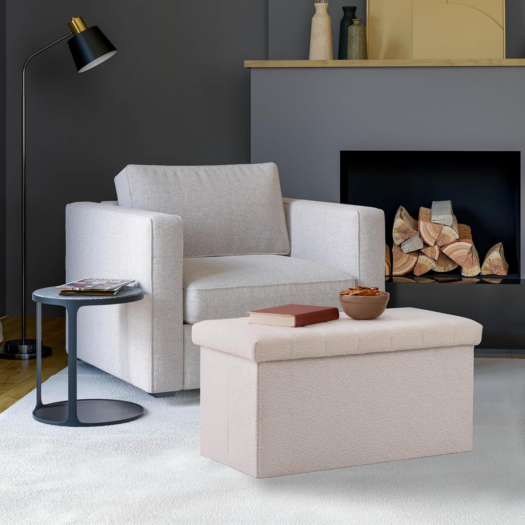 Seville Classics Cushioned Fabric Ottoman Hidden Storage Chest Footrest Chair, Padded Seat for Bedroom, Dorm, Loft, Living Room, Entryway, Hallway, White Boucle, 30" Bench