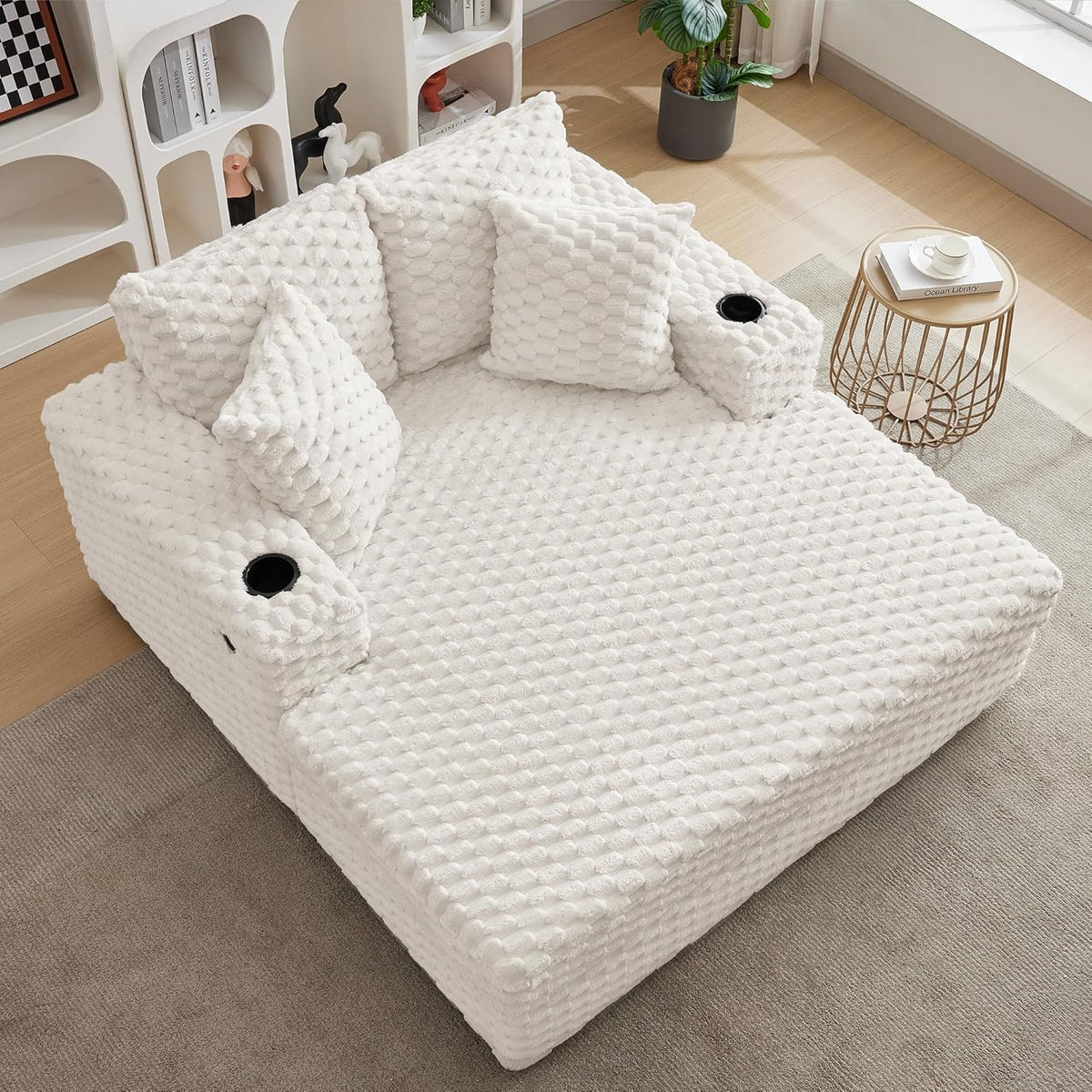 Chaise Lounge 60″ Oversized – Upholstered Sofa Bed Reading Chair, Beige | High-Density Foam Padding With Throw Pillows; Sturdy Wood Frame; Deep Seat, Charging Station; Cup Holders; For Living Room