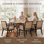 VESCASA Rattan Dining Chairs with Armrest, Padded Upholstered Linen Cream Cushion Dining Chairs with Wood Legs for Dining Room, Kitchen, Set of 4, Black Frame