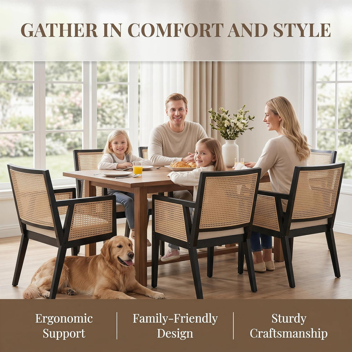 VESCASA Rattan Dining Chairs with Armrest, Padded Upholstered Linen Cream Cushion Dining Chairs with Wood Legs for Dining Room, Kitchen, Set of 4, Black Frame