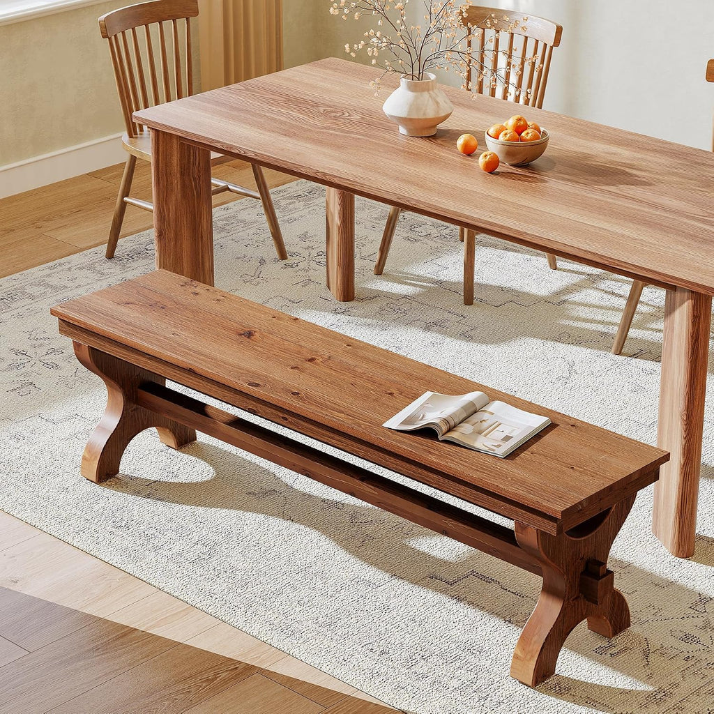 Solid Wood Dining Bench, 55-Inch Long Entryway Shoe Bench, Farmhouse Indoor Seat for Dining Room, Living Room, Hallway, Brown (1, Brown)