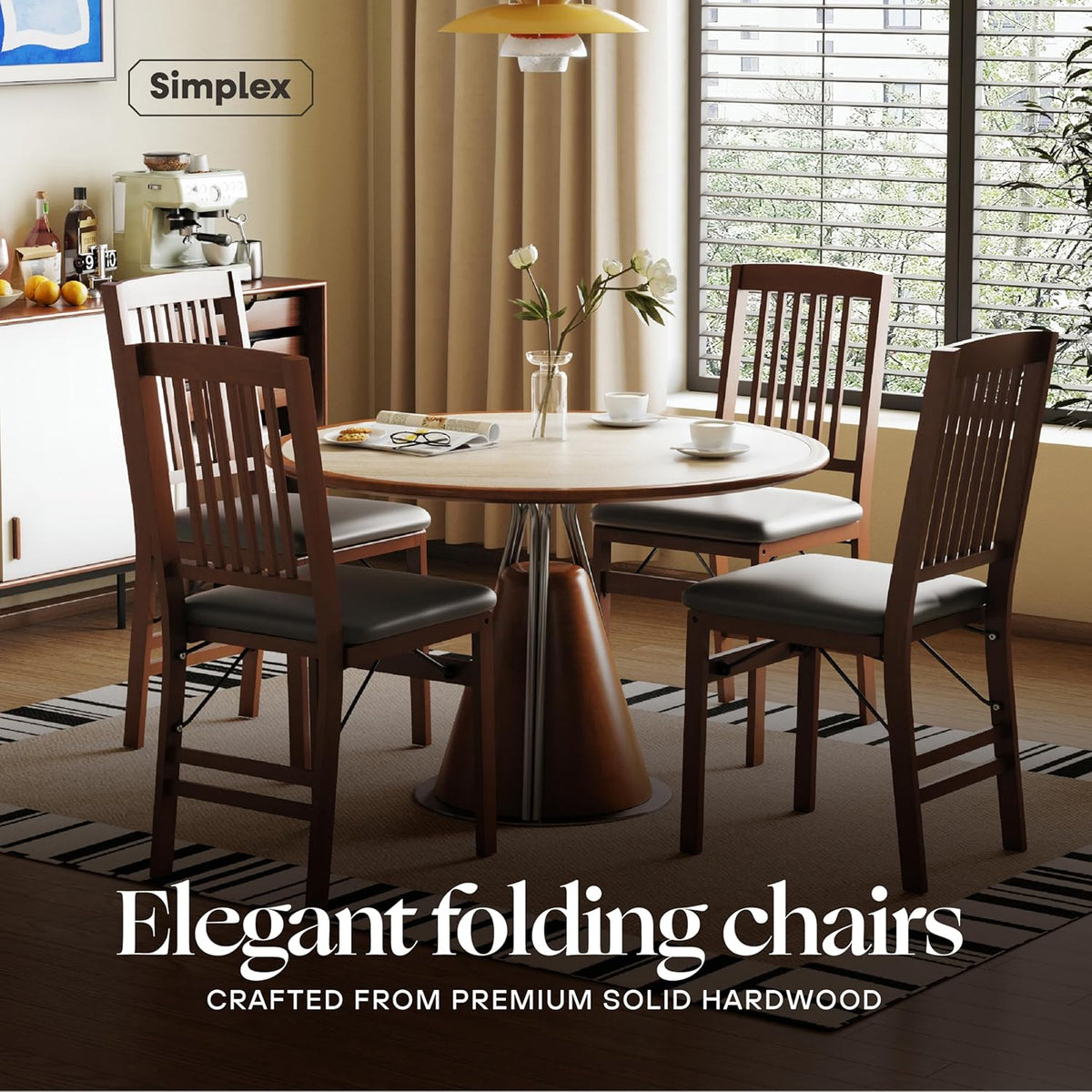 SIMPLEX Folding Wood Dining Chairs, Padded, No Assembly, 2 Pack | Solid rubberwood frames support 400 lb each; PU leather cushions fold to 17 inches for kitchens, apartments or extra seating.