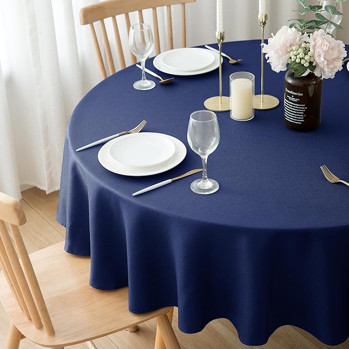 Biscaynebay Textured Fabric Round Tablecloths 60" for Round Tables diameters from 28" to 48", Navy Water Resistant Folding Table Covers Washable for Dining, Kitchen, Wedding, Parties etc