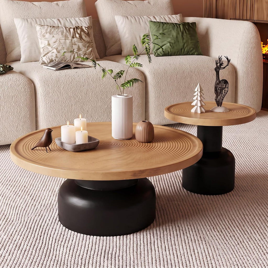 Round Nesting Coffee Table, Reclaimed Wood Top, Circle Texture,Natural | 2-Piece Nesting Table Set with Aged Pine Wood, Carved Ring Texture, Sturdy Pedestal Bases, Round Edges, No Assembly Required