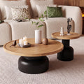 Round Nesting Coffee Table, Reclaimed Wood Top, Circle Texture,Natural | 2-Piece Nesting Table Set with Aged Pine Wood, Carved Ring Texture, Sturdy Pedestal Bases, Round Edges, No Assembly Required