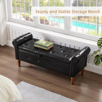 Storage Ottoman Bench, 50" Modern Upholstered End of Bed Bench, Faux Leather Rolled Armed Button-Tufted Ottoman with Storage for Living Room, Entryway, Window, Black
