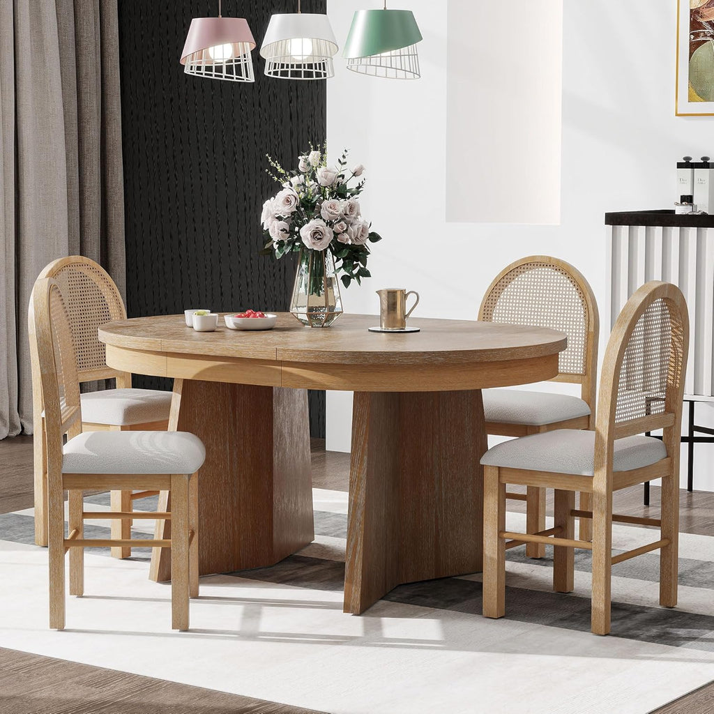 LUMISOL 5-Piece Round Dining Table Set for 4, Extendable Kitchen Table Set with 4 Upholstered Chairs, Kitchen Table and Chairs Set for Dining Room, Kitchen, Natural Wood Wash