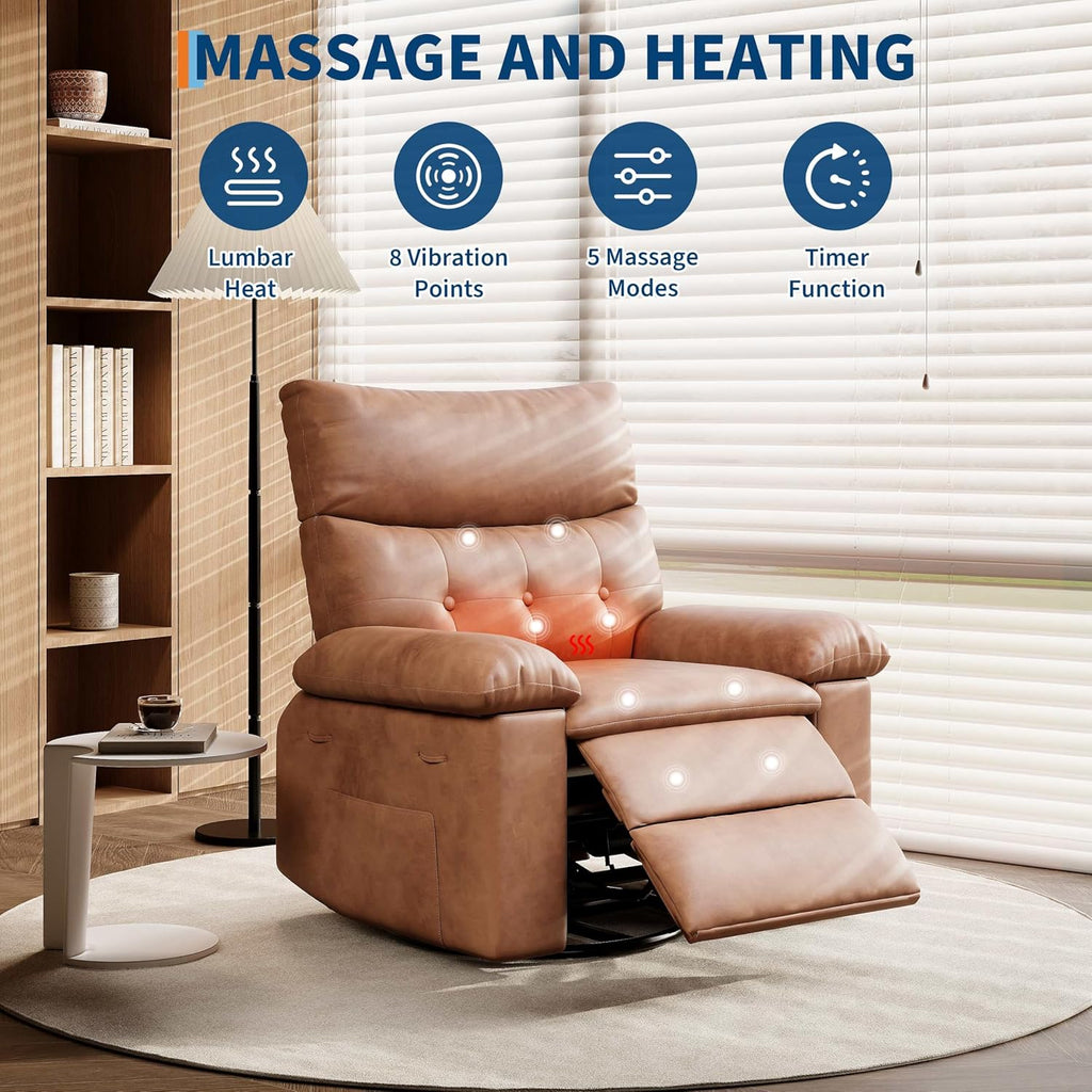 GarveeHome Leather Recliner Chair - Heat and Massage, Swivel Rocker Manual Recliner for Adults, Lazy Rocking Chair with Comfort Arms and Back Single Sofa for Living Room
