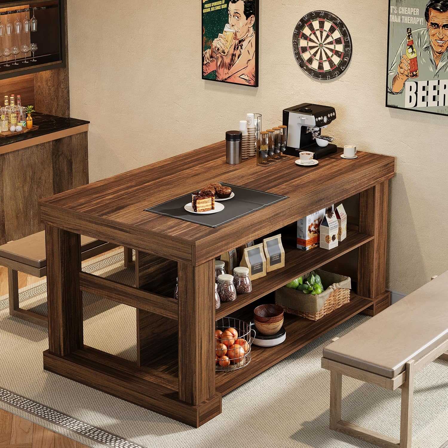 Tribesigns 55-Inch Dining Table for 6, Rectangular Counter Height Dining Table with Storage Shelves, High Top Kitchen Table with Large Tabletop and Stable Wooden Structure, Farmhouse Style, Dark Brown