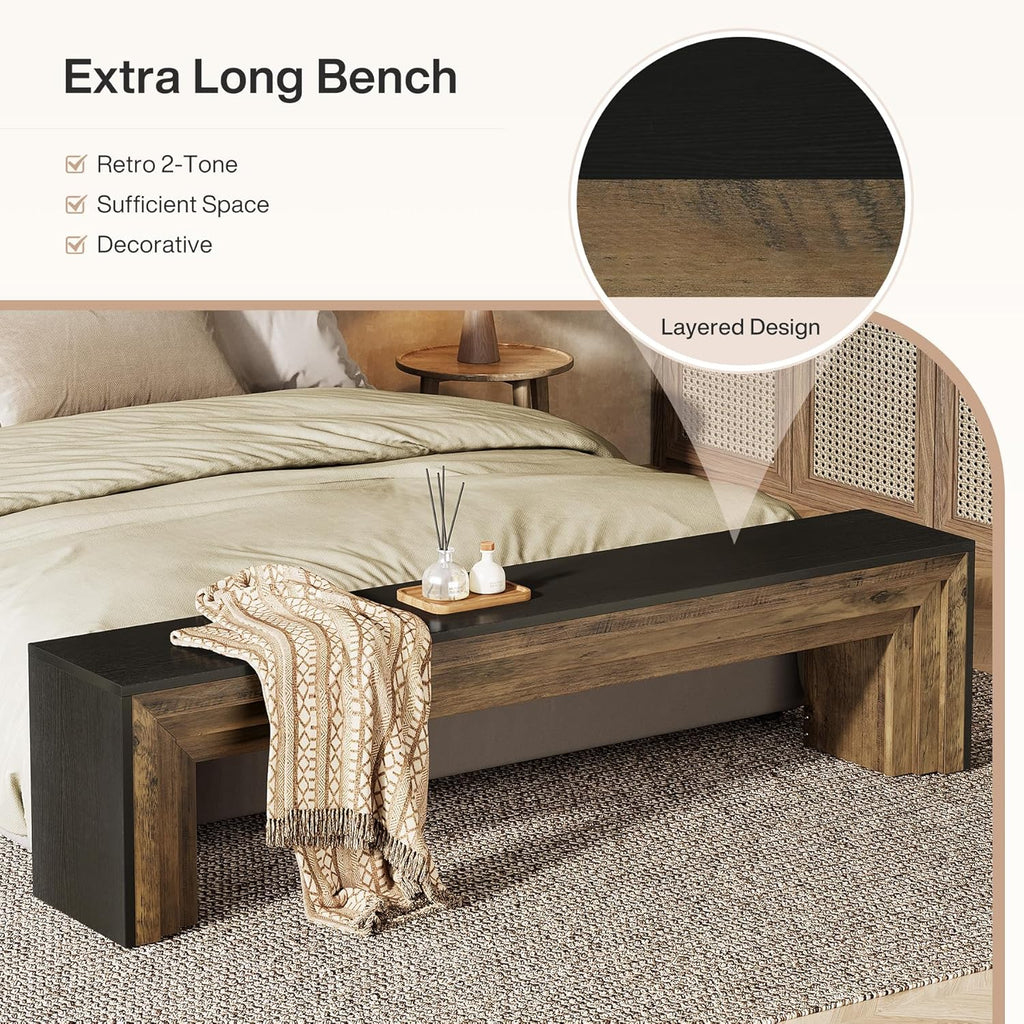 Tribesigns 71" Extra Long Rustic Entryway Bench, Modern Farmhouse Shoe Bench Wooden Indoor Seating with Layered Design for Hallway, End of Bed, Living Room, Dining Room, Black & Brown