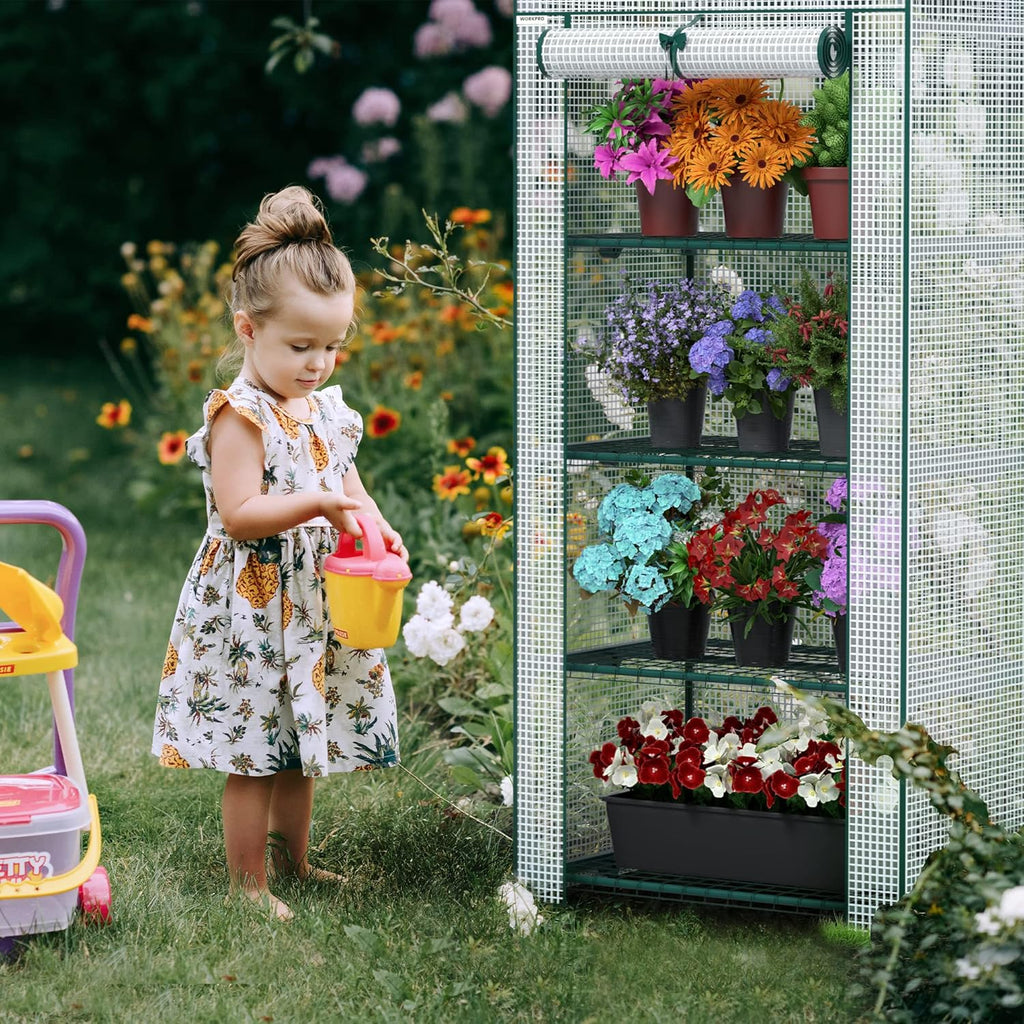 WORKPRO Mini Greenhouse, 4-Tier Portable Small Greenhouses for Outdoor Indoor with Shelves and Thicken PE Cover, White - 27" L x 19" W x 63" H, Ideal Gardening Gifts for Women Men