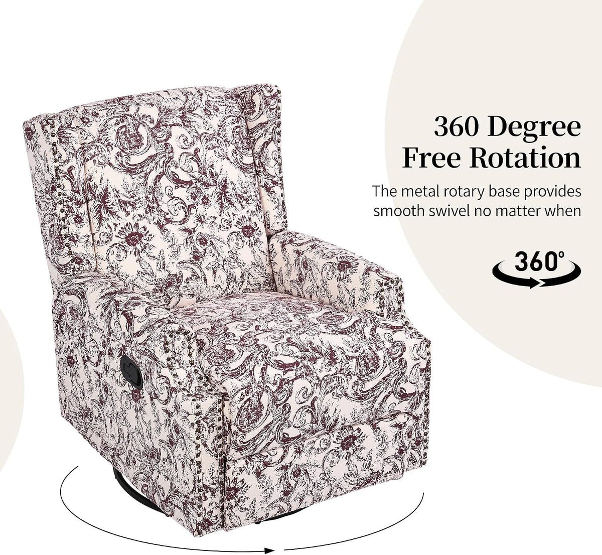 Swivel Rocker Recliner Chair, 360° Swivel Wingback Recliner Chairs for Adults, Upholstered Glider Rocking Chair with High Back, Deep Seat for Living Romm Bedroom, Rococo Plum