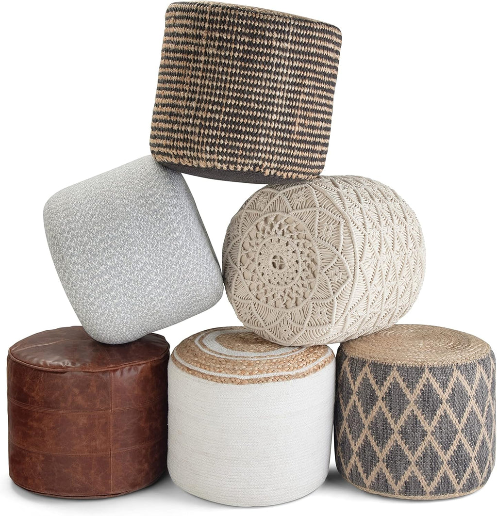 SIMPLIHOME Connor 18" Wide Round Pouf in Distressed Brown Genuine Leather | Boho footstool, extra seating for living room or bedroom with polystyrene filling, assembled; pouf ottoman or floor cushion.