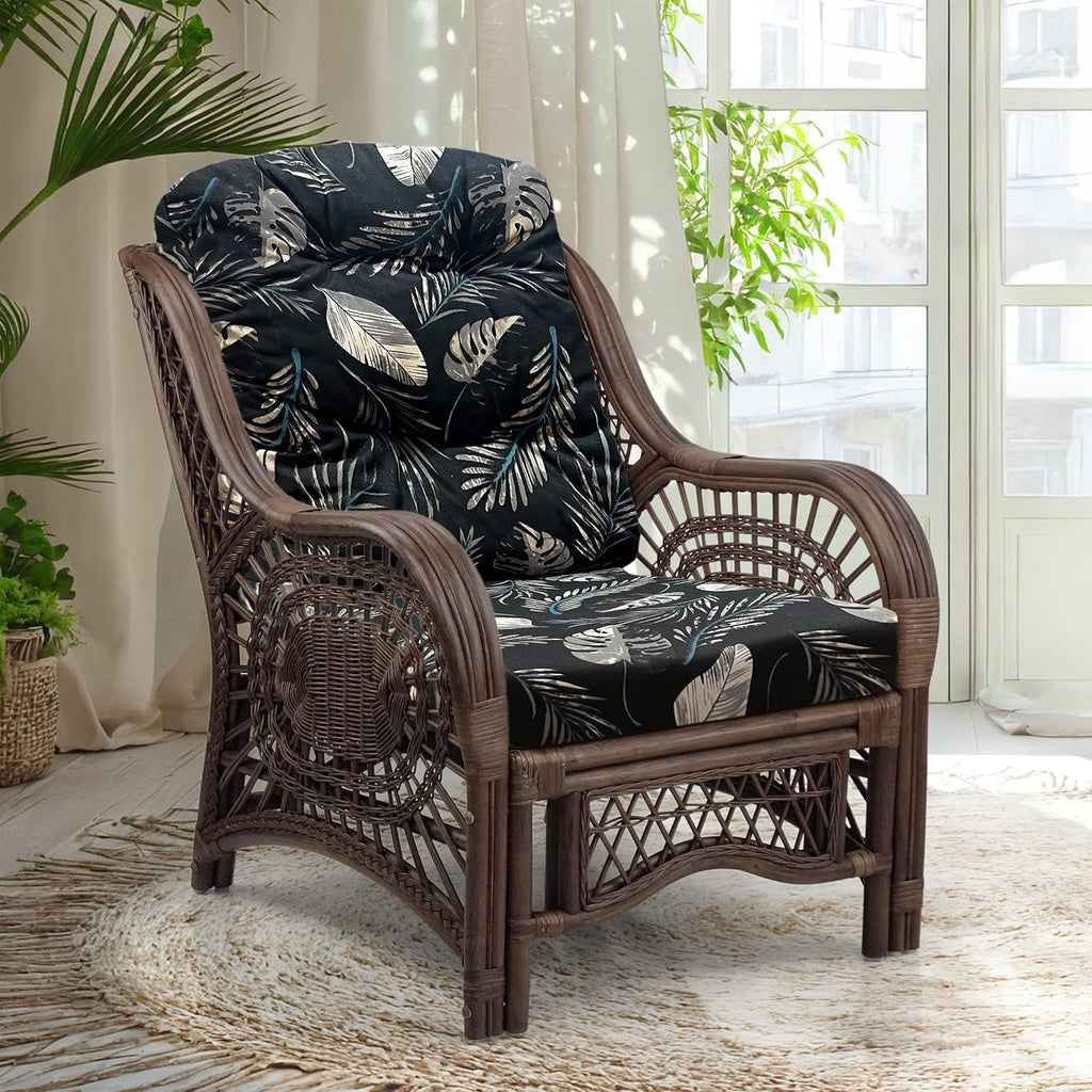 Malibu Lounge Living Accent Armchair Natural Rattan Wicker Handmade Design, Dark Brown with Black Leaf Cushion
