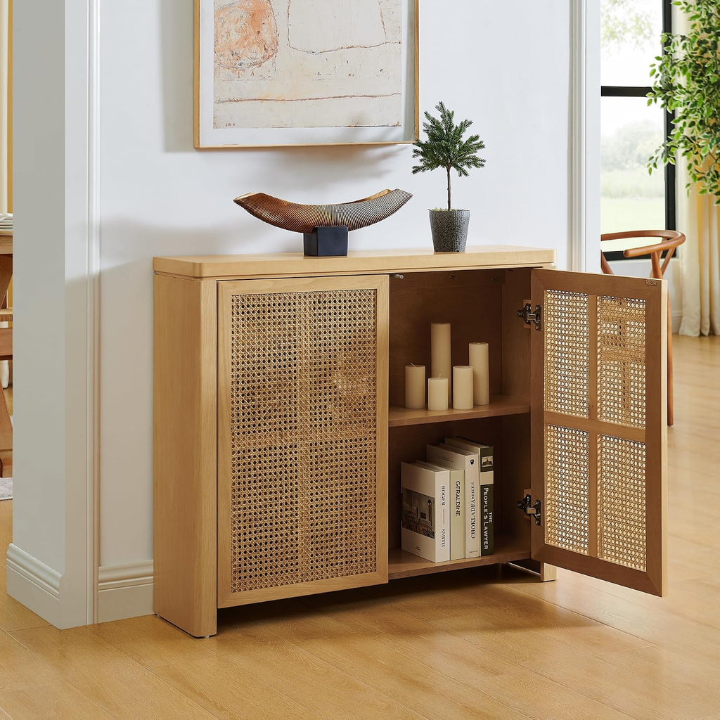 LKTART Small Sideboard Buffet Cabinet,Thin Kitchen Storage Cabinet with 2 Rattan Doors,Boho Wooden Console Table for Living Room,Entryway(39.4" Natural)