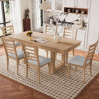 P PURLOVE 7 Piece Extendable Dining Table Set, Wooden Rustic Extendable Table with 18" Move Leaf and 6 piece Upholstered Chairs for Dining Room, Kitchen (Natural)