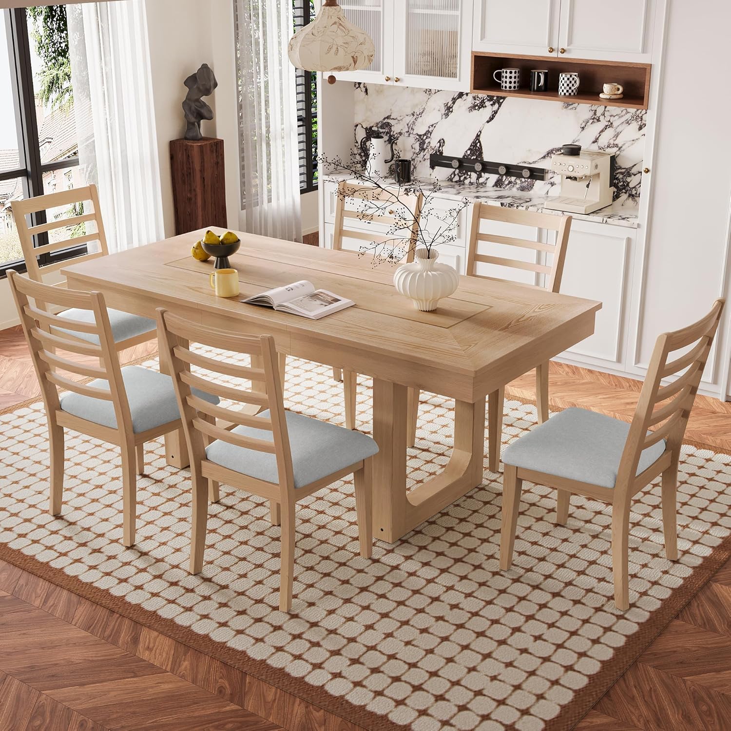 P PURLOVE 7 Piece Extendable Dining Table Set, Wooden Rustic Extendable Table with 18" Move Leaf and 6 piece Upholstered Chairs for Dining Room, Kitchen (Natural)