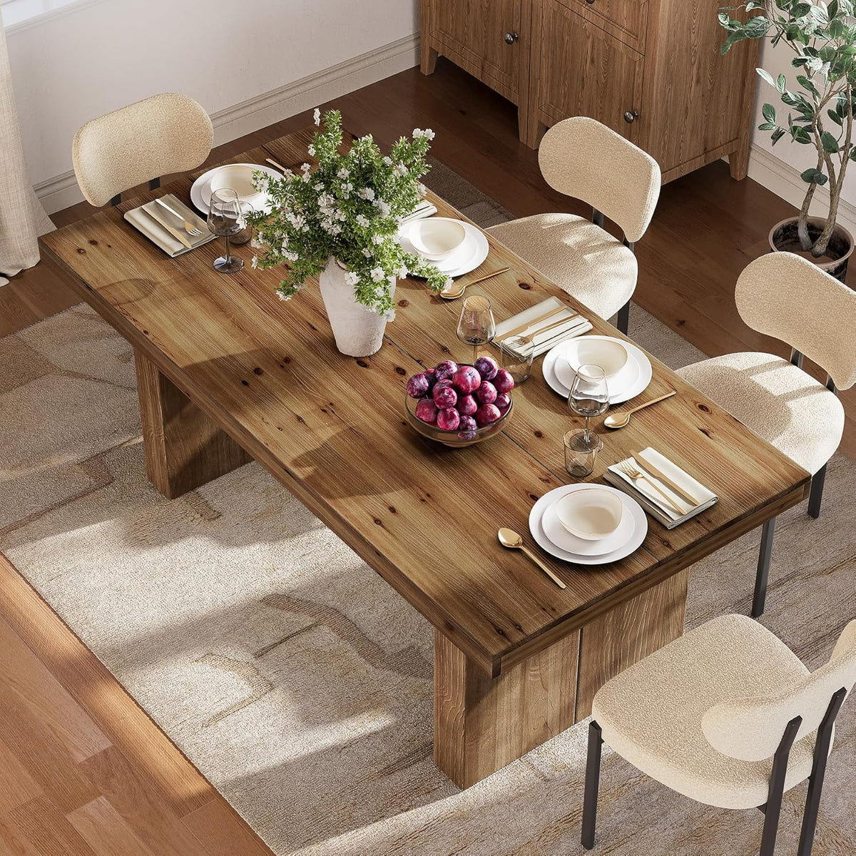 63" Solid Wood Dining Table for 4-6 People, Farmhouse Rectangle Kitchen Dinner Table with Wooden Heavy-Duty Legs for Dining Room, Kitchen, Simple Style & Easy Assembly (Dark Brown)
