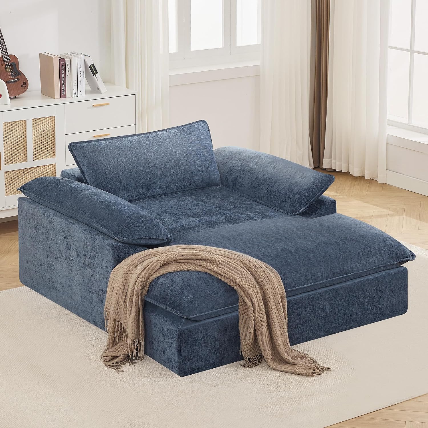 WUTUTUEE 69" Oversized Chaise Lounge Chair Indoor, No Assembly Blue Lounge Couch, Chenille Upholstered Sofa Bed with Pockets, Oversized Reading Chair with Ottoman for Living Room, Bedroom, Office