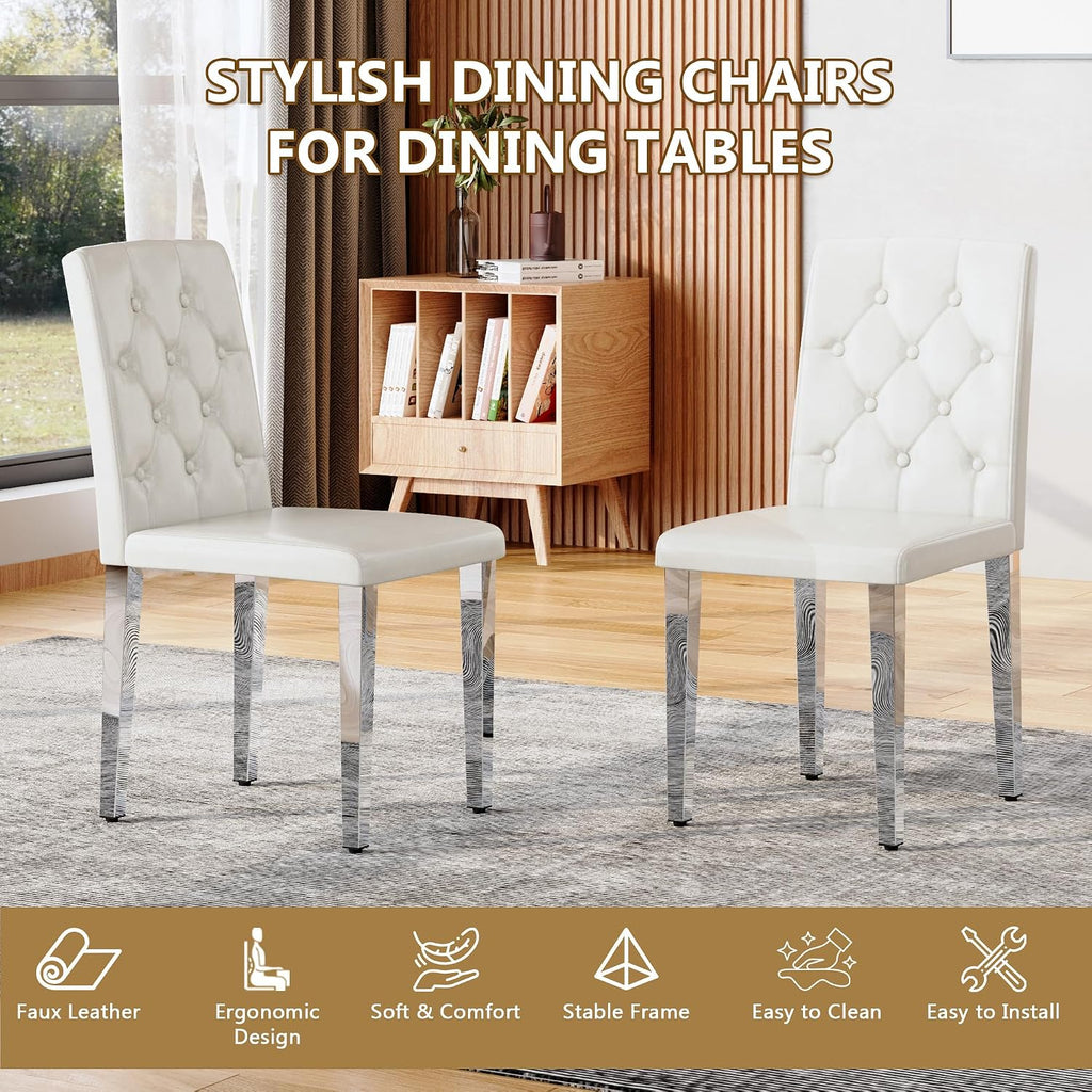 White Dining Chairs Set of 4, Faux Leather, Silver Metal Legs | Button-Tufted Upholstered Parsons Chairs with Padded Seats for Dining Room, Kitchen, Apartment, or Restaurant Use