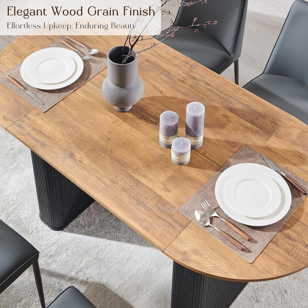 T4TREAM 63" Fluted Oval Dining Table for Kitchen Living Room,Brown&Black