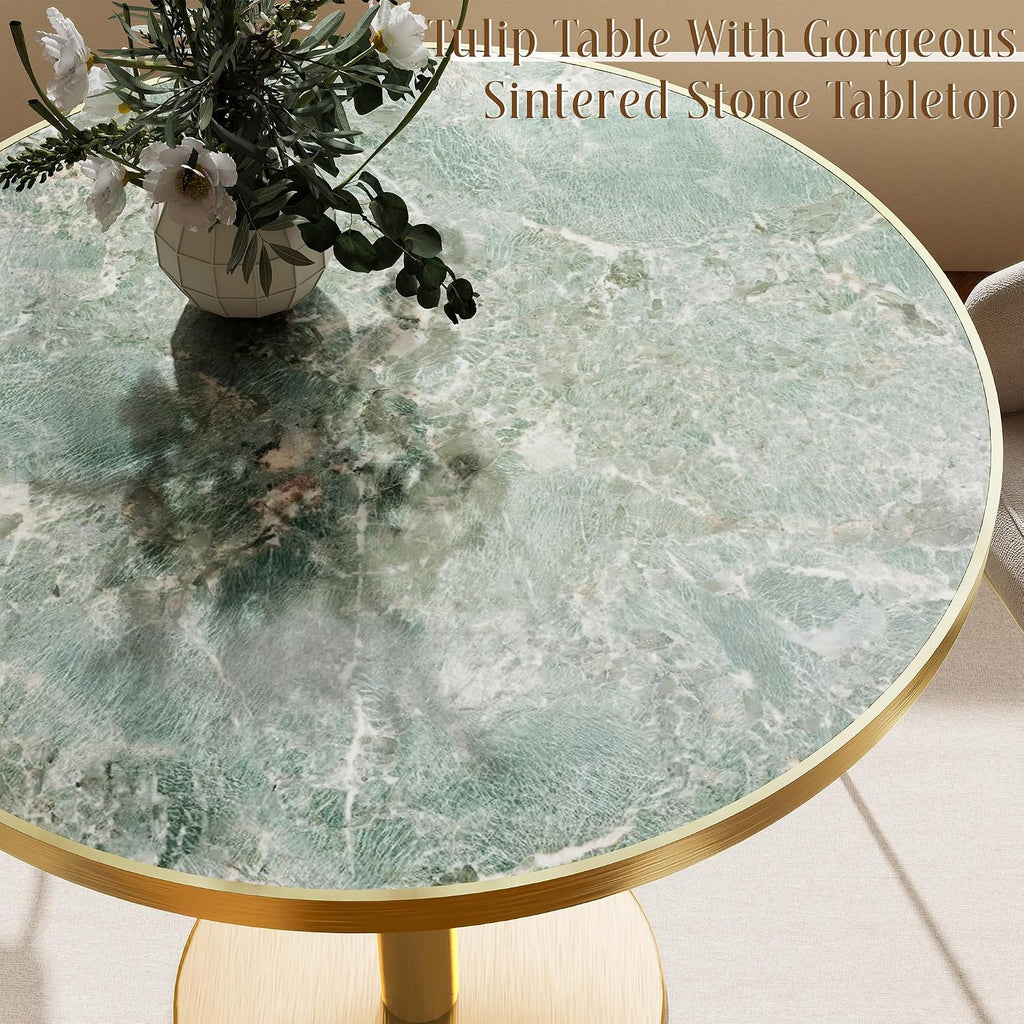 31.5" Round Tulip Table for 2-4, 1.2" Thick Emerald Forest Sintered Stone Top (Natural Stone Look) & Brushed Gold Frame, Modern Luxury Dining Table for Small Apartment, Patio, Sunroom