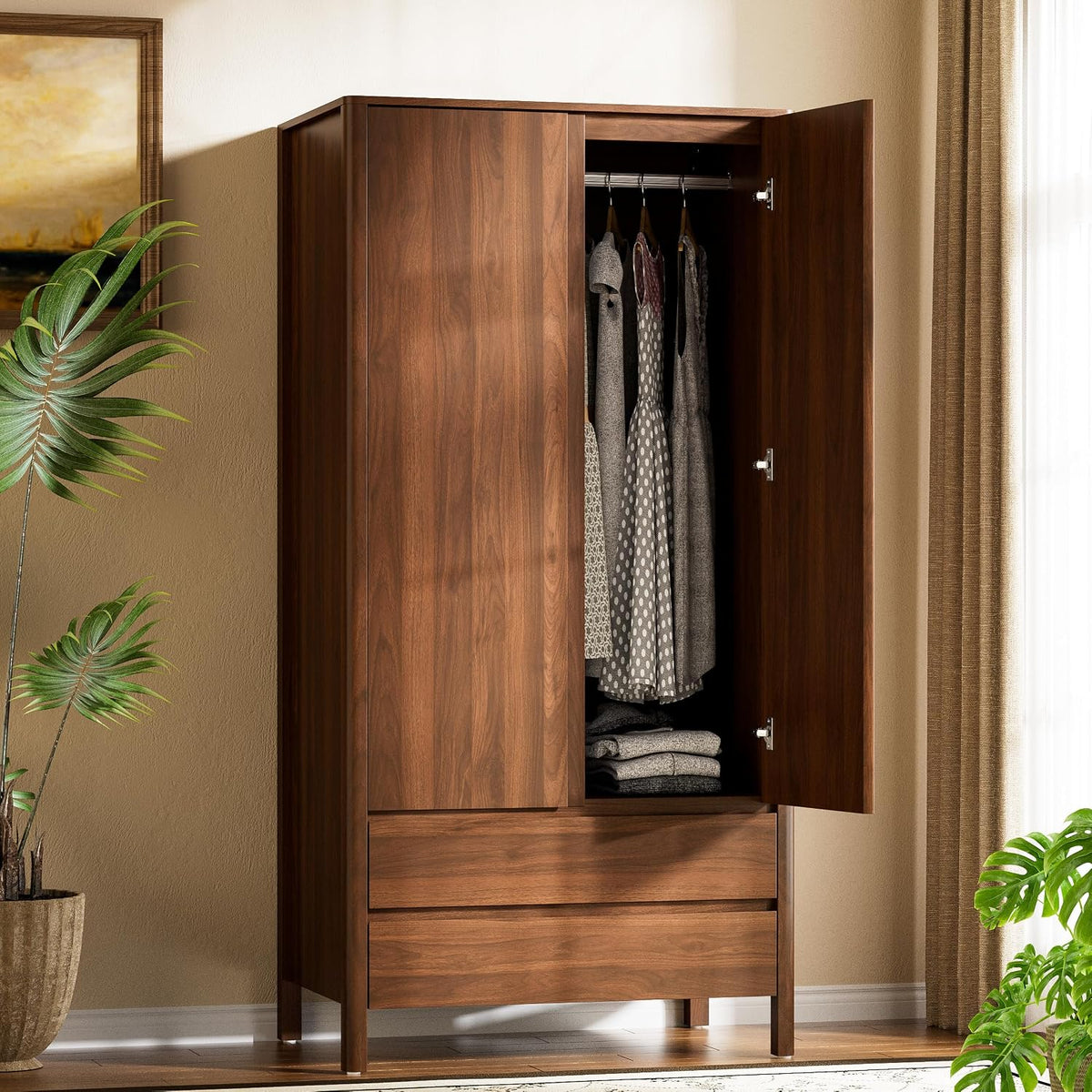 Furniway Armoire Wardrobe Closet, 70.9" Tall Wardrobe Cabinet with 2 Doors, 2 Large Drawers and Hanging Rod, Wooden Clothing Storage Cabinet for Bedroom, Cloak Room, Walnut