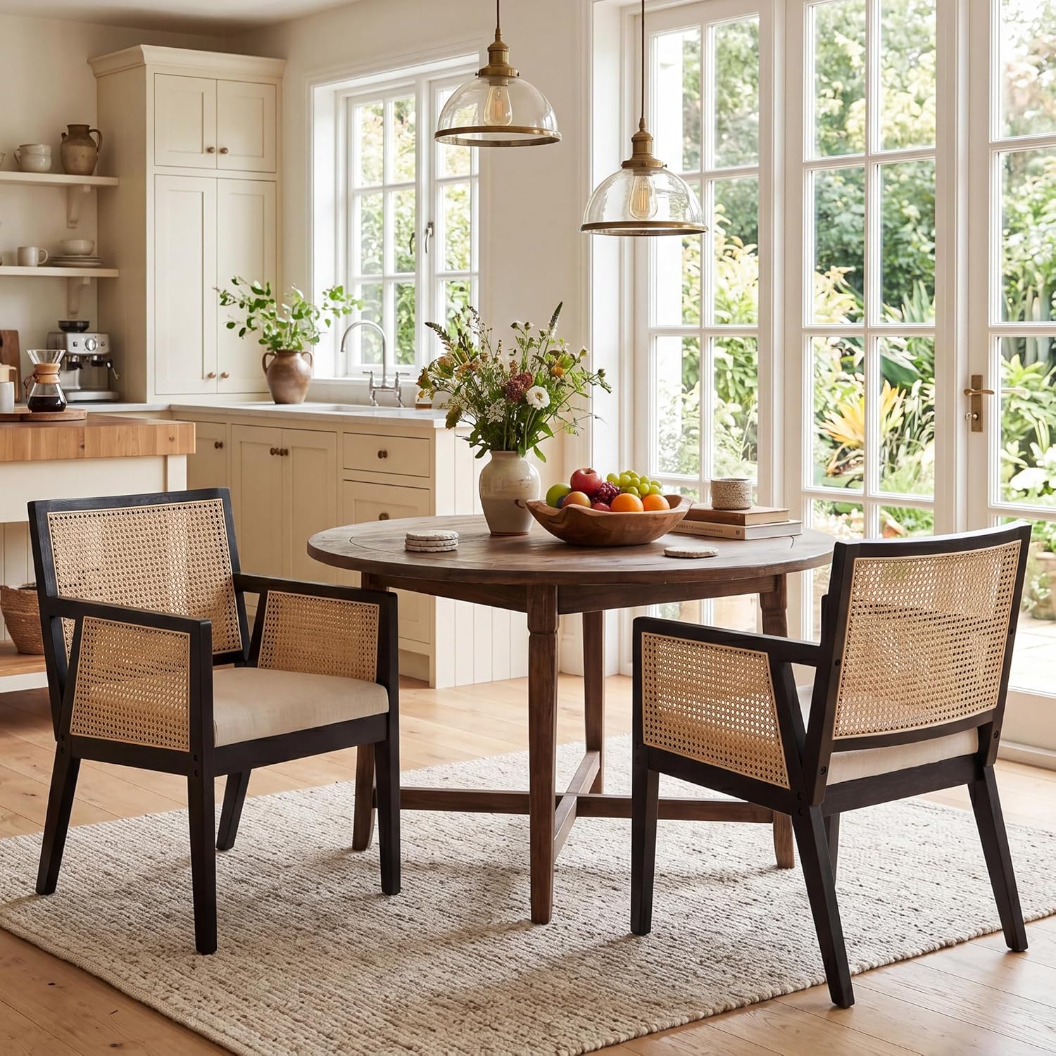 VESCASA Rattan Dining Chairs with Armrest, Padded Upholstered Linen Cream Cushion Dining Chairs with Wood Legs for Dining Room, Kitchen, Set of 2, Black Frame