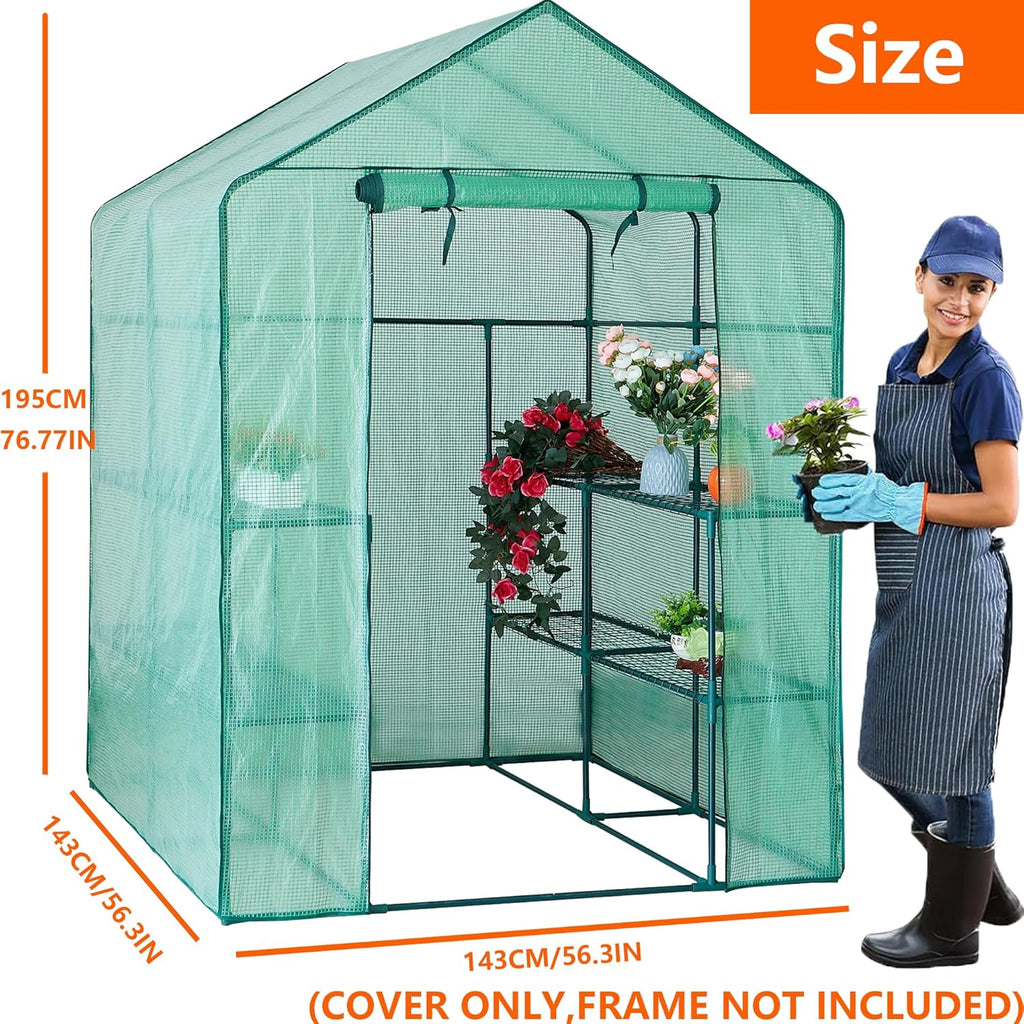 Greenhouse Replacement Cover, 56×56×76 Inch PE Walk-in Greenhouse Cover for Gardening Plants w/Roll-Up Zipper Door, Waterproof Frost Protection Wind Rain Proof, Easy Assembly (No Frames Include)