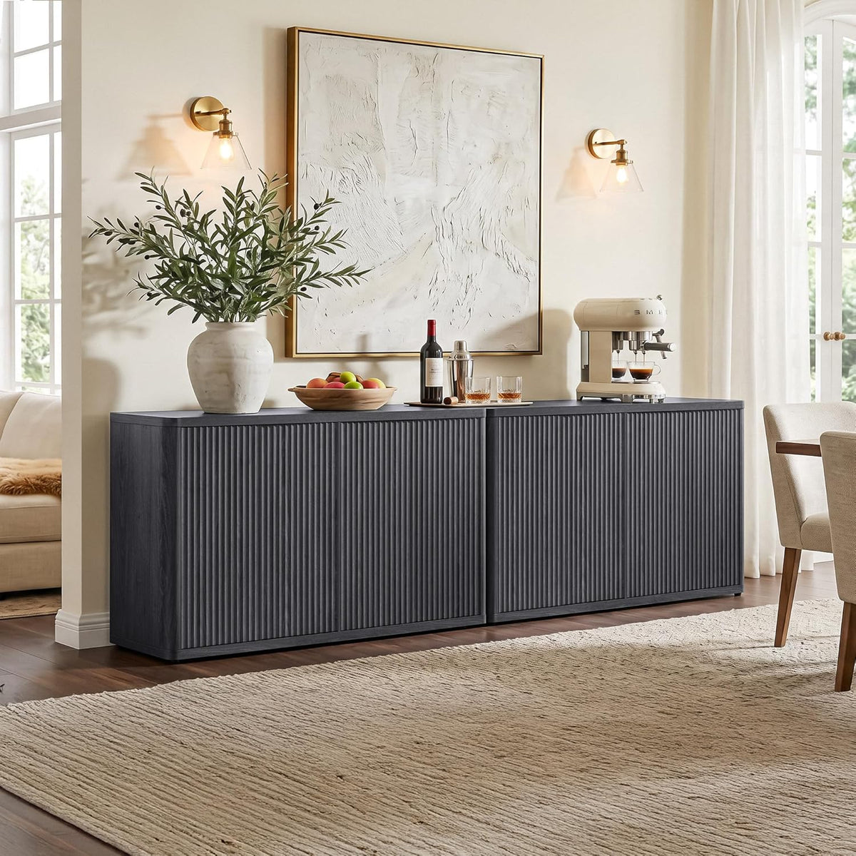SICOTAS Buffet Cabinet with Storage Accent Sideboard with 4 Doors 66.3" Wide Fluted Credenza Modern Buffet Table Media Console Cabinet Entryway Cabinets for Living Room Kitchen Dining Room Hallway