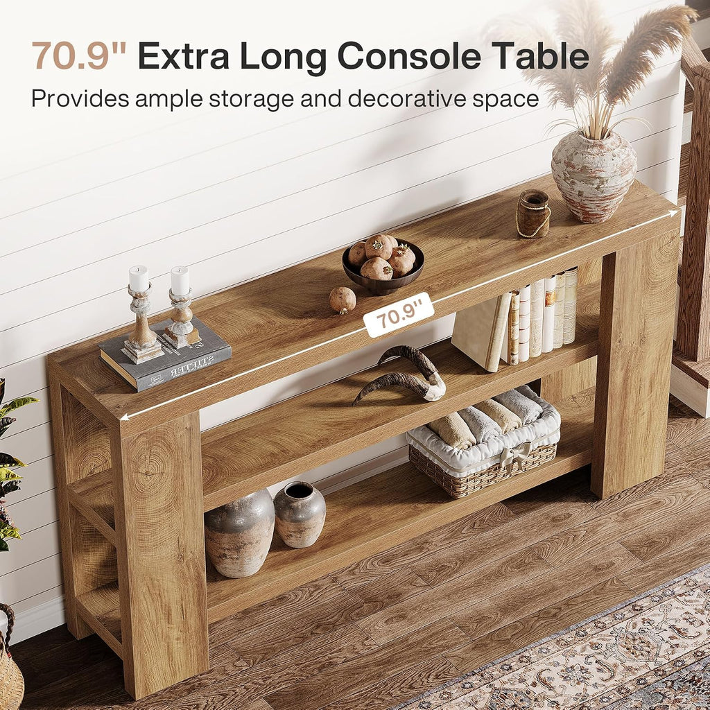 Tribesigns 70.9-Inch Extra Long Console Table with Storage, Narrow Wooden Sofa Table Behind The Couch, Farmhouse 3-Tier Entry Foyer Table for Entryway, Living Room, Hallway, Natural
