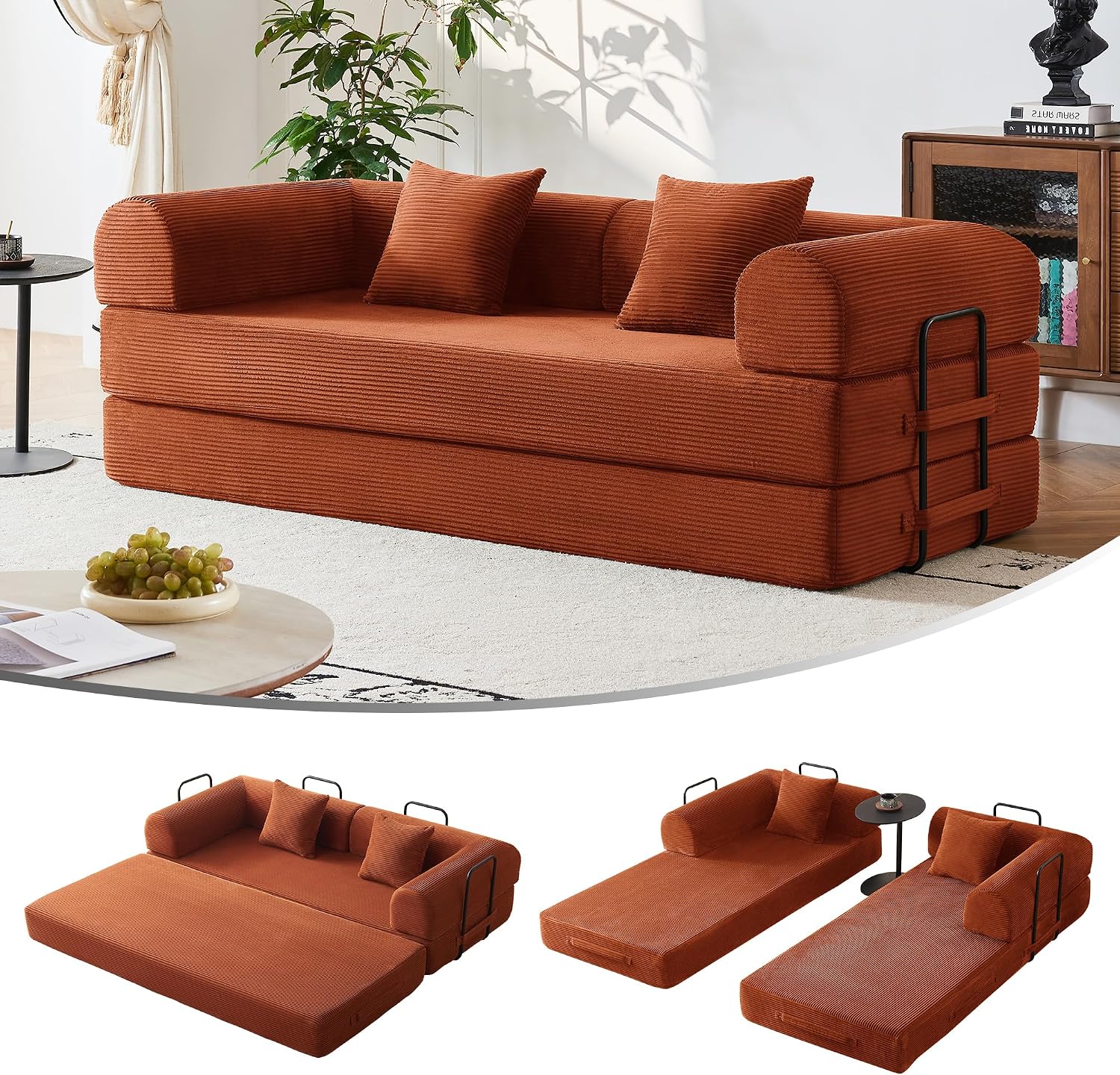 79" Convertible Sofa Bed, Couches for Living Room | Orange | Corduroy Futon Sofa Bed with Pocket Springs, Modular Sleeper Couch in a Box, No Assembly