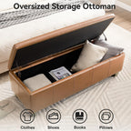 WUTUTUEE 51" Faux Leather Storage Ottoman, Stitch Tufted Rectangle Upholstered End of Bed Storage Bench, Entryway Large Couch Ottoman with Wooden Legs, Light Brown