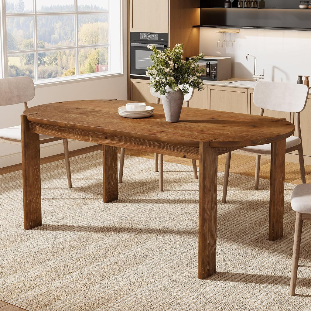 63" Solid Wood Oval Dining Table, Farmhouse Wooden Kitchen Table for 4-6, Rustic Dinner Table for Dining Room, Living Room, Apartment, Brown