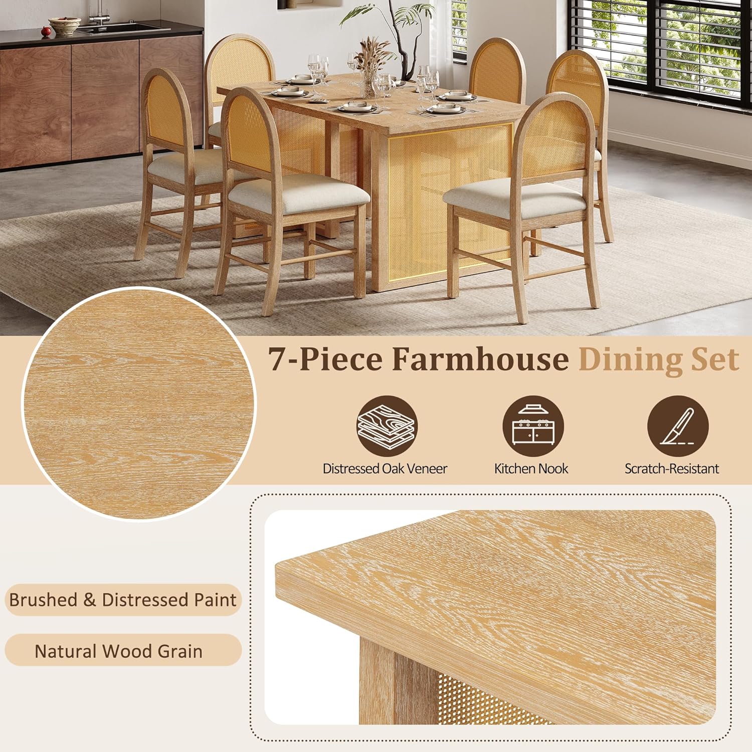 LUMISOL 7-Piece Dining Table Set with 6 Chairs, Rectangular Kitchen Table Set with 6 Rattan Chairs for Kitchen, Dining Room, Natural+Beige
