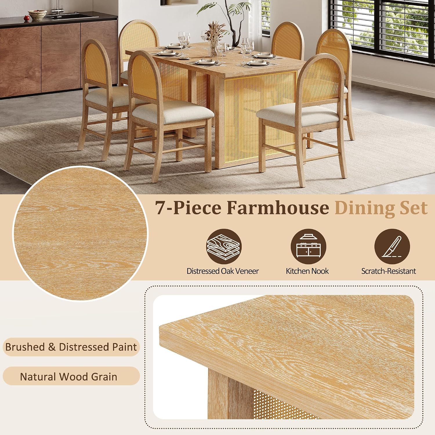 Merax 7-Piece Dining Table Set, Farmhouse Dining Table with Distressed Oak Veneer and 6 Chairs, Rustic Kitchen Furniture for Dining Room, Natural
