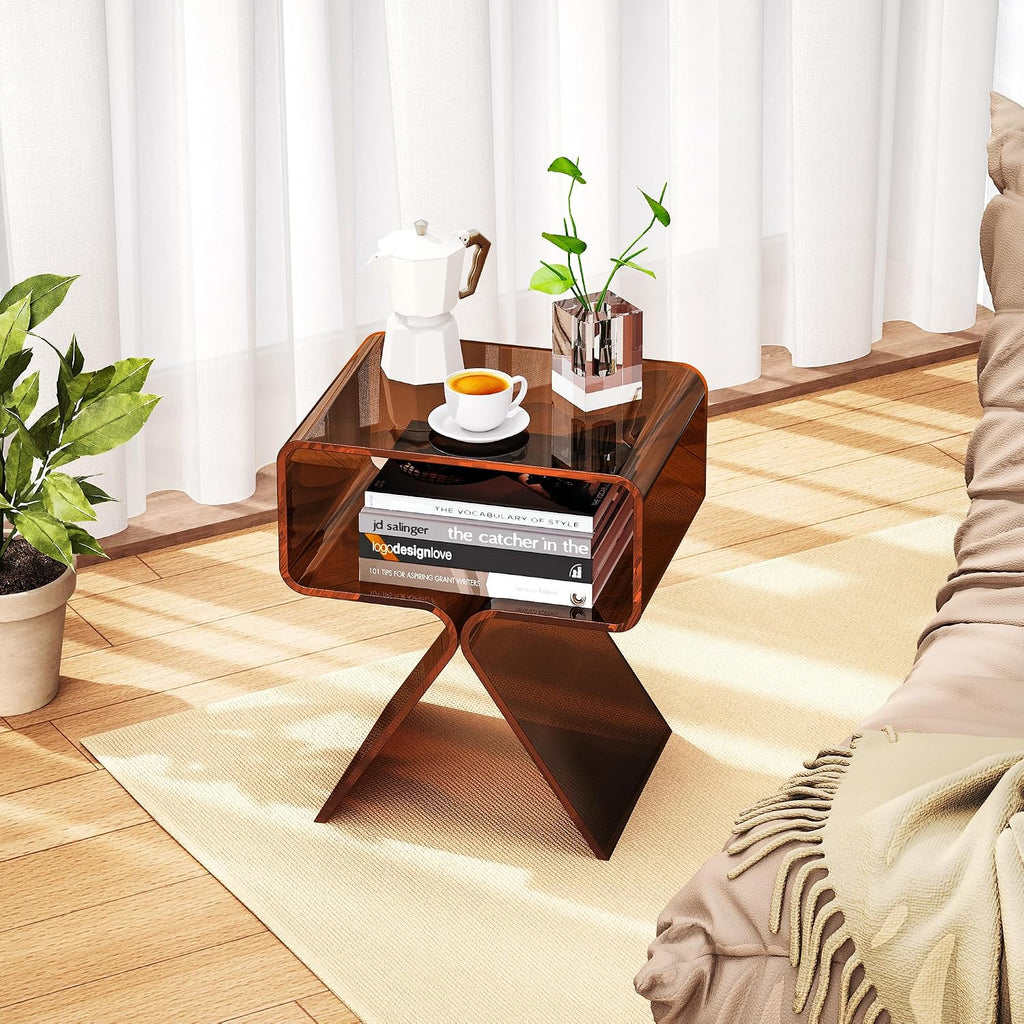 Acrylic Nightstand Side Table Modern Design Clear Home Decor Display End Table for Living Room (Dark Brown)