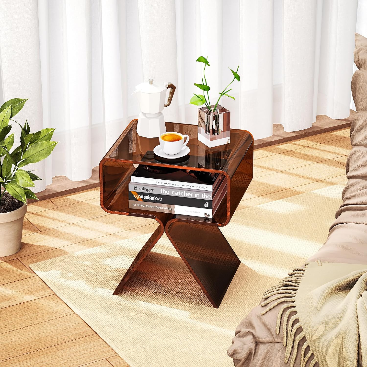 Acrylic Nightstand Side Table Modern Design Clear Home Decor Display End Table for Living Room (Dark Brown)
