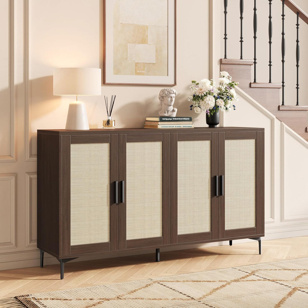 JASIWAY Buffet Cabinet with Storage, 48" Rattan Sideboard with Adjustable Shelves, Modern Coffee Bar Cabinet Console Table with Doors, Credenza for Kitchen, Living Room, Entryway, Dining Room, Walnut