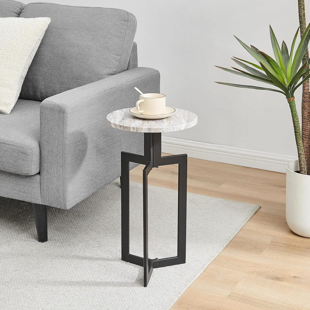 Danya B Black Metal Sculptural Pedestal & Faux Stone Tabletop Accent End Table