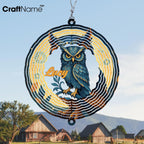 Personalized Owl Wind Spinner 3D Stainless Steel, Owl Garden Spinner Hanging Outdoor Decor, Wind Spinners Outdoor, Custom Gift for Grandmother, Mom, Wife