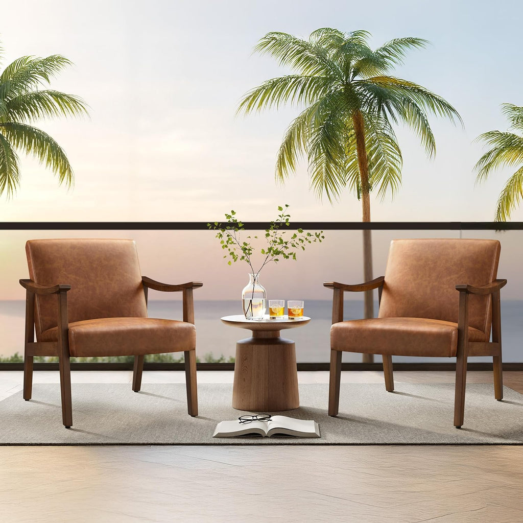 Yaheetech Accent Chairs Set of 2, Mid-Century Faux Leather Armchairs Brown | Cushioned Club Chairs with Supportive Sloped Backrests and Sturdy Wood Arms Fit Small Living Rooms, Offices, Reading Nook
