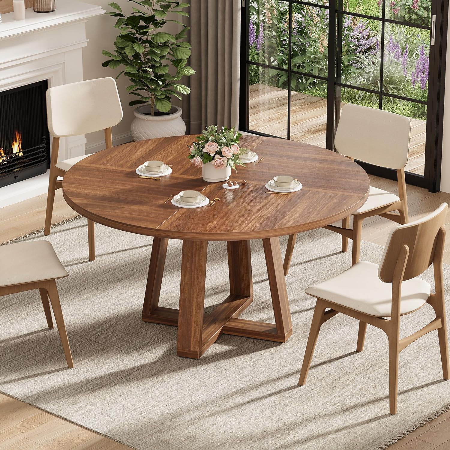 Garvee 47" Round Dining Table, Walnut Brown | For 4-6 People, Modern Circle Design, Wooden Cross Pedestal Base, For Living Room, Kitchen