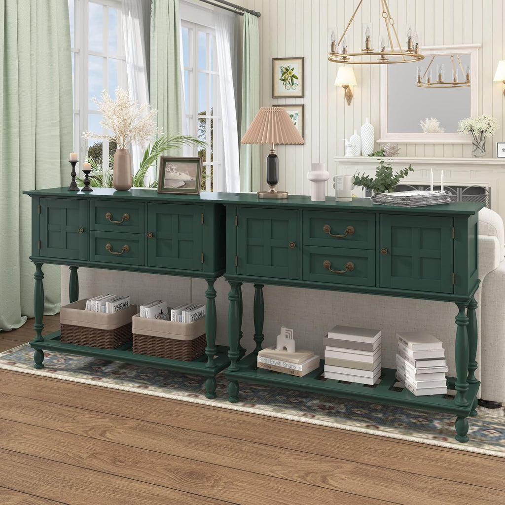 Farmhouse Console Table with Storage, Narrow Entryway Table with 2 Drawers & 2 Door Cabinets, Sofa Table Behind Couch with Shelf for Living Room, Entryway