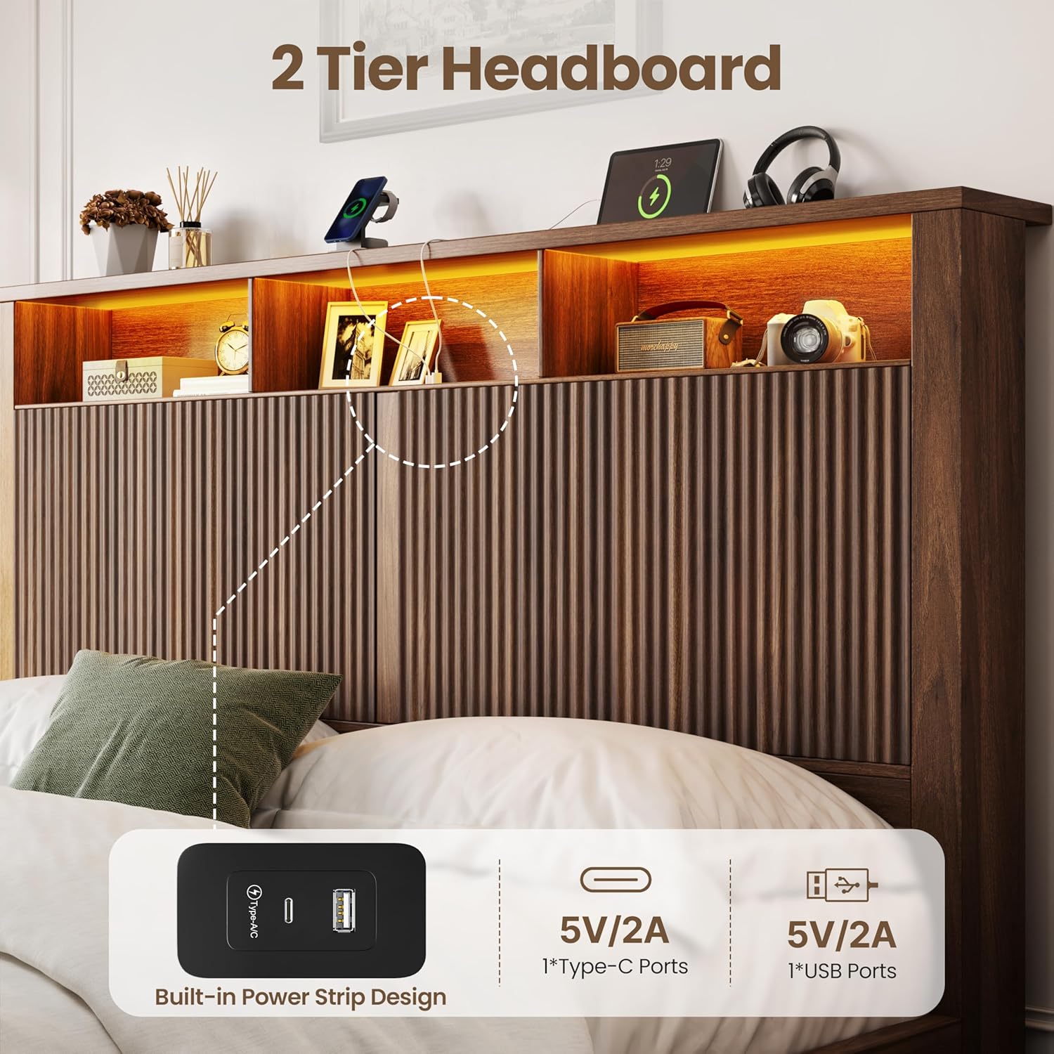 CypBed Queen Size Bed Frame with Headboard and 2 Storage Drawers, Walnut