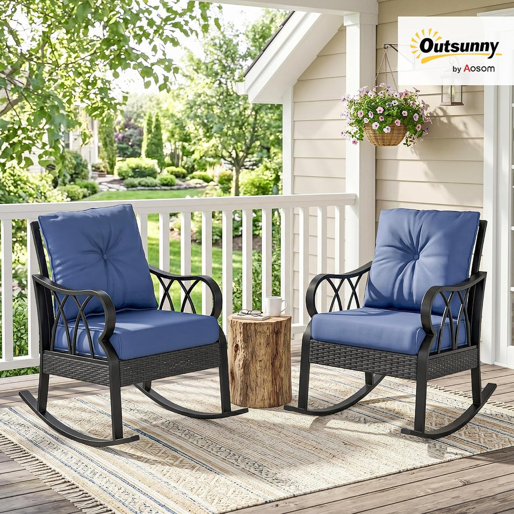 Outsunny 2 Piece Outdoor Wicker Rocking Chairs with Padded Cushions, Aluminum Furniture Rattan Porch Rocker Chairs w/Armrest for Garden, Patio, and Backyard, Blue