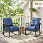 Outsunny 2 Piece Outdoor Wicker Rocking Chairs with Padded Cushions, Aluminum Furniture Rattan Porch Rocker Chairs w/Armrest for Garden, Patio, and Backyard, Blue