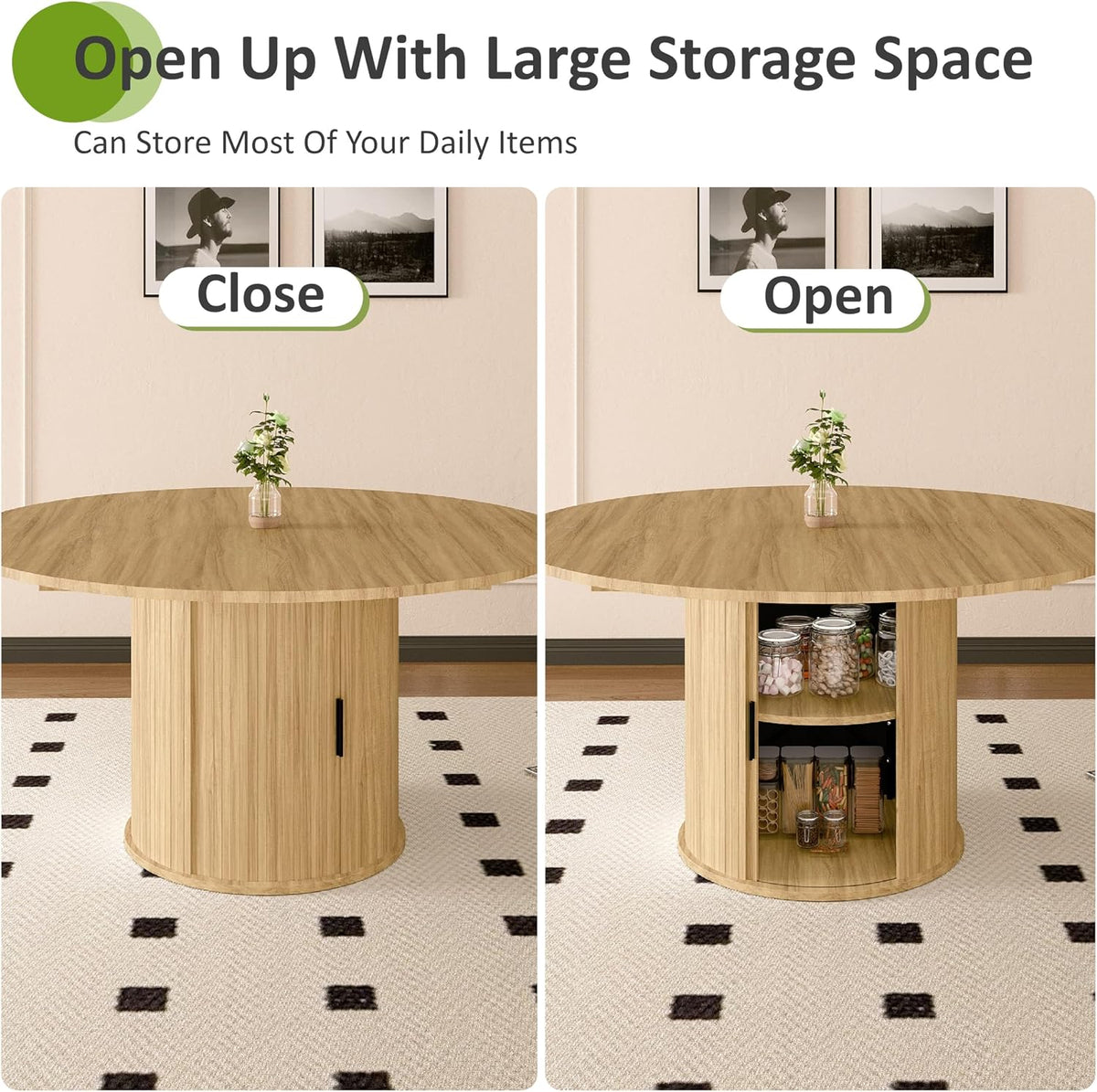 Dining Table for 4-6,59“Extendable Round Dining Room Kitchen Table with Storage,Round Table for Living Room,Fluted Wood Table with Slide Door,Expandable Oval Dinner Furniture with Pedestal Base,Oak