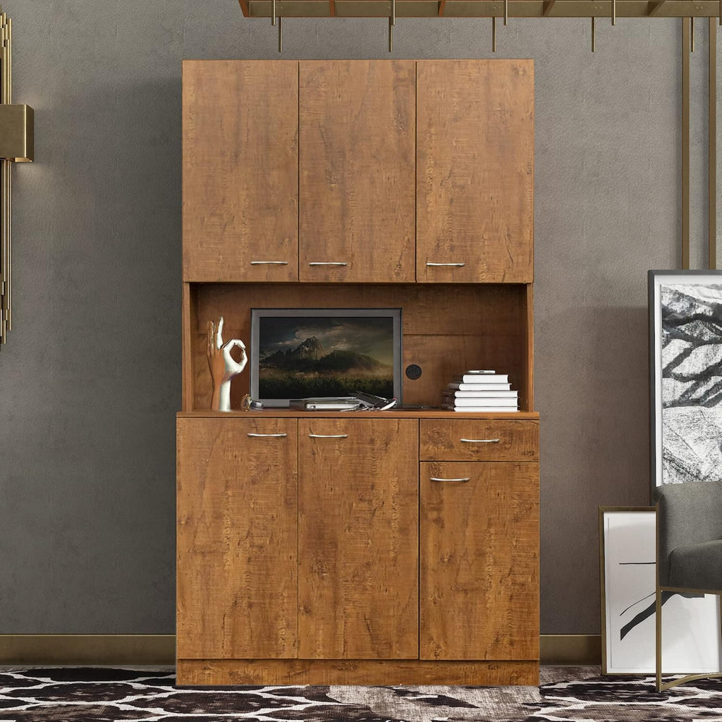 LUMISOL Pantry Sideboard, Solid Wood Kitchen Pantry Storage Cabinet, 70.87” Tall Sideboard with 6 Doors, 1 Open Shelves and 1 Drawers for Living Room, Kitchen, Dining Room, Brown