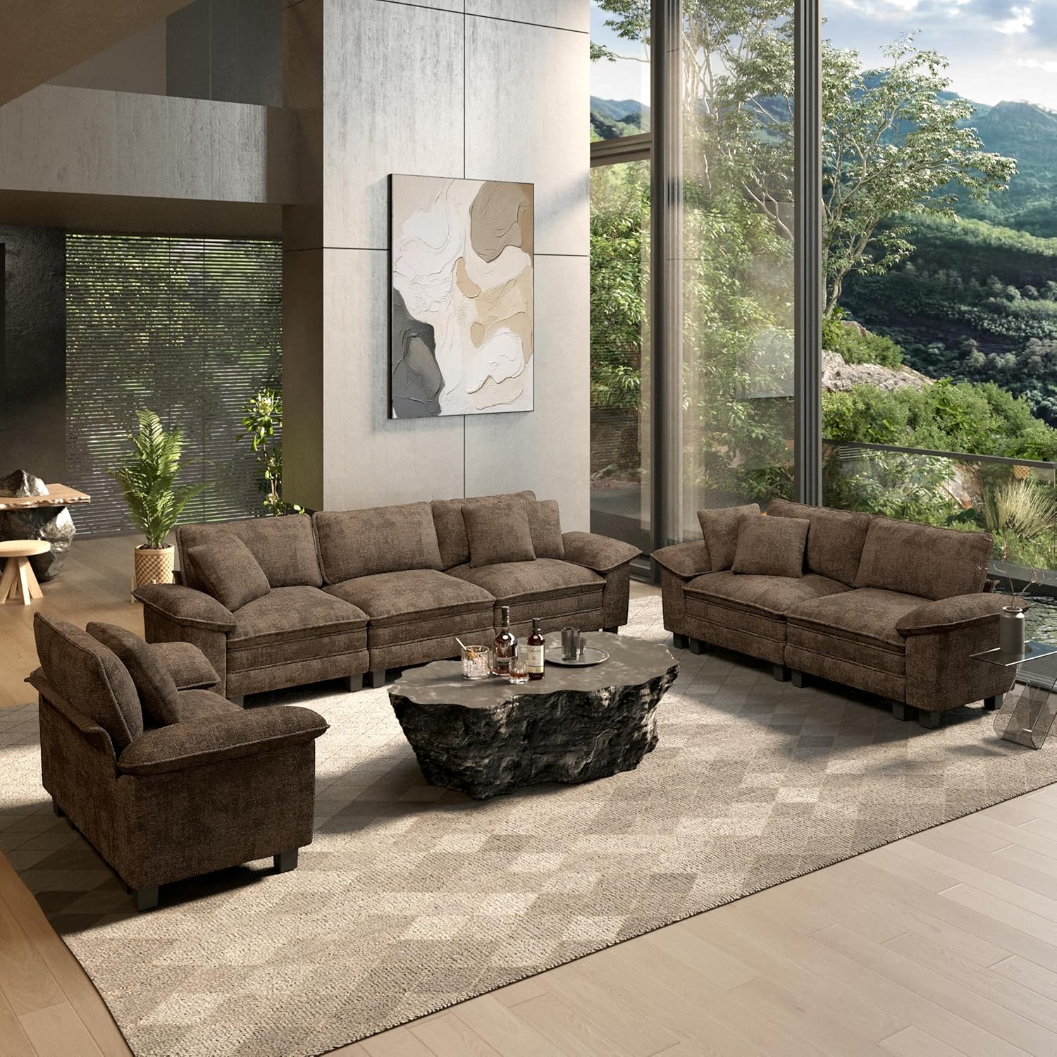 HERA'S HOUSE 3 Pieces Modular Sectional Couch Set with Armchair Loveseat | Modern 6-Seater Cloud Sofa Set , Grayish Brown, Wider Armrest, Deep Seat, Soft Chenille Furniture Set for Living Room